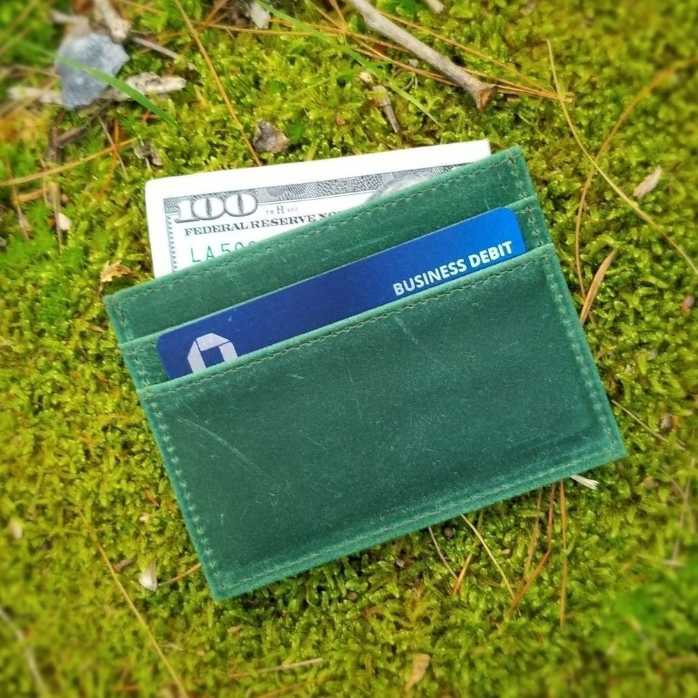 Genuine Crazy Horse Leather Card Case Green - Picture 4 of 8